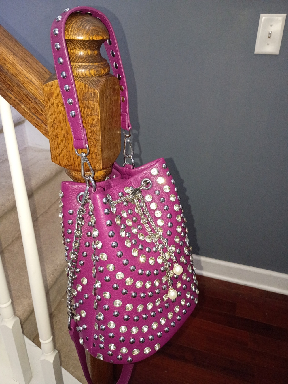 Magenta Studded Bucket Bag with Chain Accents